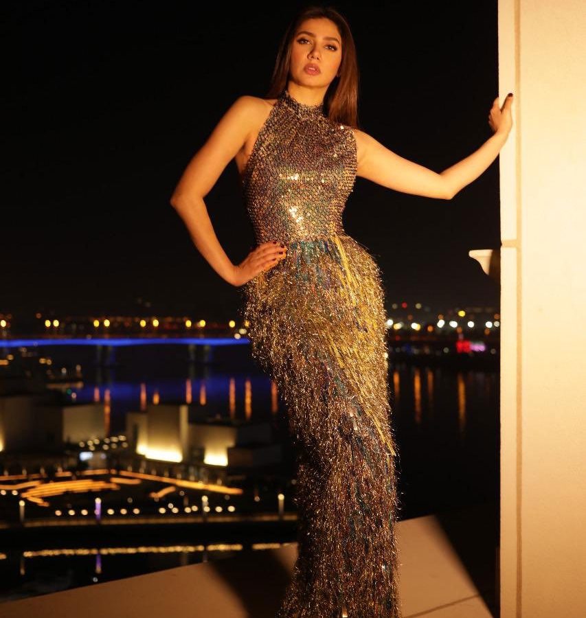 Mahira Khan stunned in a Rami Kadi embellished gown with soft makeup and sleek hair.