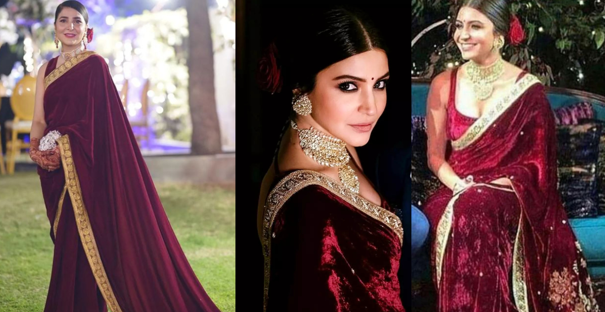 Anushka sharma velvet saree wedding hotsell