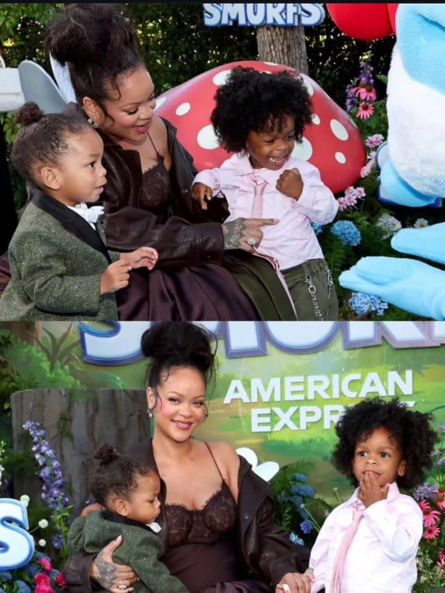 Rihanna's blue carpet moment at the premiere of The Smurfs with Riot and RZA - Masala.com