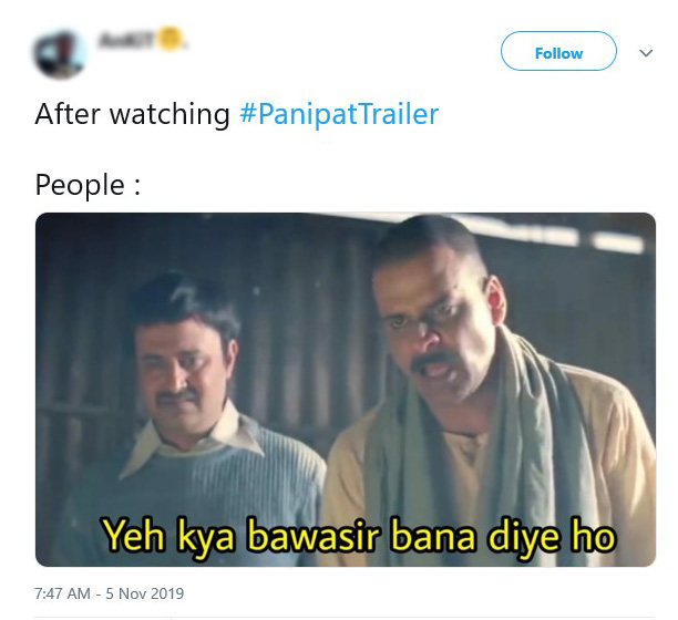 Panipat: Arjun Kapoor and Kriti Sanon's Film's Trailer Inspires Netizens to Create Funny Memes - Masala Panipat: Arjun Kapoor and Kriti Sanon's Film's Trailer Inspires Netizens to Create Funny Memes - Masala