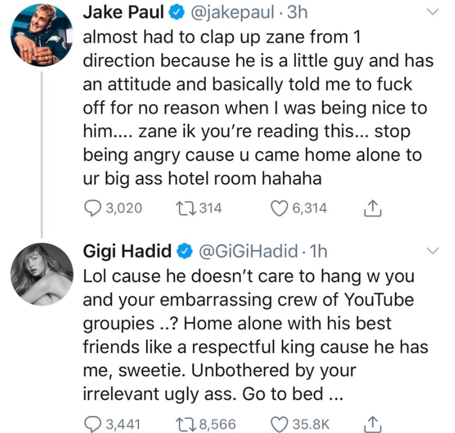 Gigi Hadid Claps Back At Jake Paul S Mean Comments On Beau Zayn Malik Masala Com